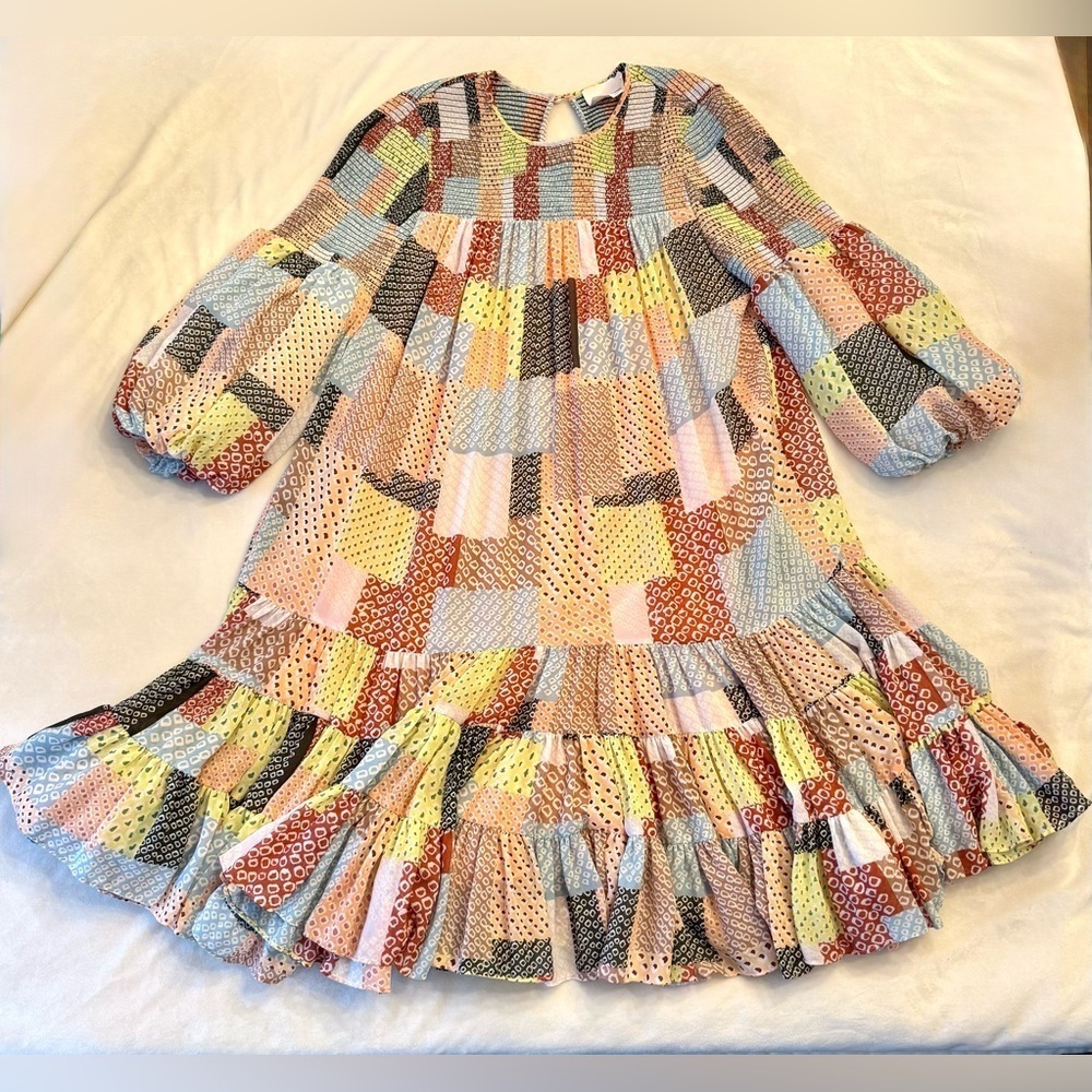 Cinq a Sept Rika Patchwork Tiered Dress with Billow Sleeves, sz 2 - Picture 2 of 13